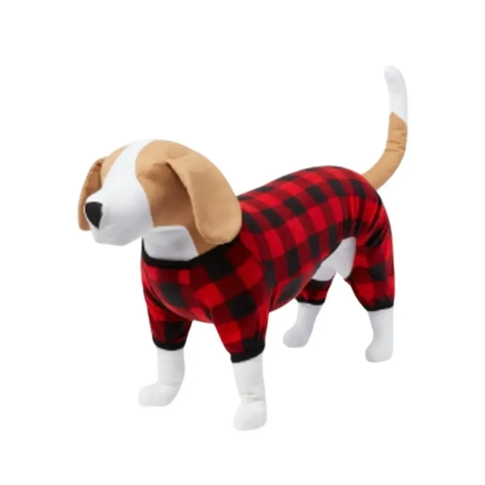 Holiday Buffalo Check Plaid Fleece Matching Family Dog Pajama with Sleeves M
